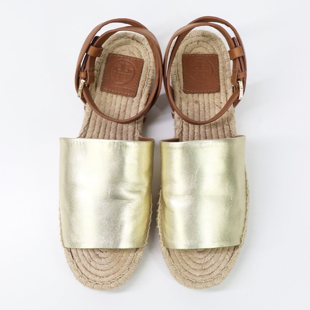 Tory Burch Landon Espadrille Sandals Genuine Leather Strappy Ankle Gold Brown 8